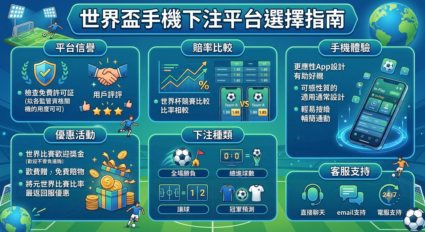 這張資訊圖表以「世界盃手機下注平台選擇指南」為標題，詳細介紹了評估平台的關鍵要素。 內容涵蓋平台信譽、賠率比較、手機體驗、優惠活動、下注種類及客服支持，為使用者提供全面的選擇建議。