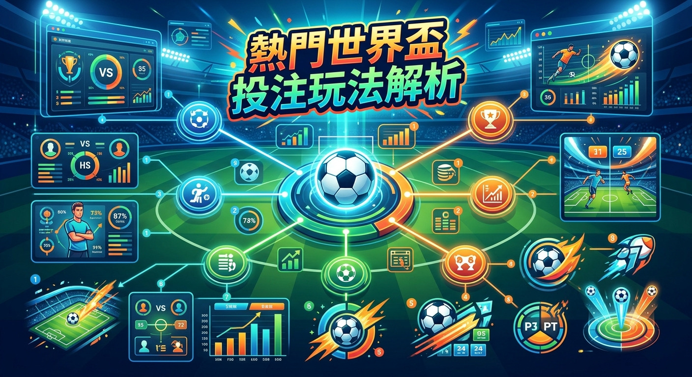 這張圖片以足球場為背景，展示了各種數據分析圖表與投注互動介面。 中央標題「熱門世界盃投注玩法解析」引導視覺，突顯專業的賽事預測風格。