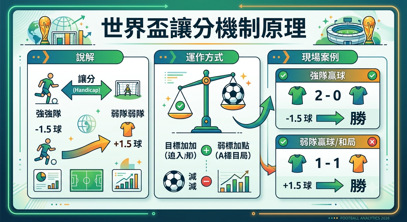 這張圖片以「世界盃讓分機制原理」為題，透過圖表與案例詳細解析足球賽事中讓分玩法的運作邏輯。 內容涵蓋了強弱隊的讓分設定（如 -1.5 球與 +1.5 球），並以實際比分範例說明不同賽果下的勝負判定方式。