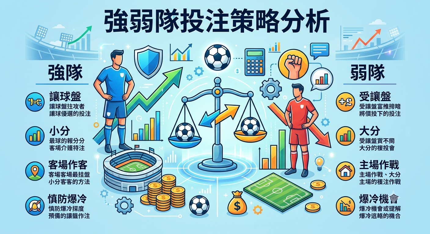 這張圖片呈現了「強弱隊投注策略分析」的主題，透過足球賽事場景、天平與數據圖表，直觀地對比強隊與弱隊的投注考量。 整體設計簡潔明瞭，將兩側的投注策略與戰術分析以圖示化方式呈現，協助使用者快速掌握賽事投注的關鍵邏輯。